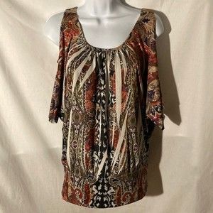 34-2 EMERALD multicolor paisley sublimation cold shoulder top M